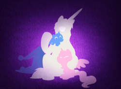 Size: 1024x755 | Tagged: safe, artist:faith-wolff, princess celestia, princess luna, star swirl the bearded, alicorn, pony, unicorn, fanfic:the bridge, g4, cute, eyes closed, father's day, female, filly, filly celestia, filly luna, foal, happy, hug, male, purple background, simple background, smiling, stallion, toddler, trio, woona, younger