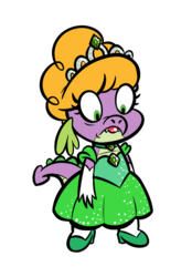 Size: 927x1330 | Tagged: safe, artist:rusheloc, spike, dragon, g4, princess spike, clothes, crossdressing, dress, green, princess, simple background, spike is not amused, transparent background