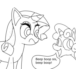 Size: 933x856 | Tagged: safe, artist:fillerartist, rarity, sweetie belle, pony, robot, robot pony, unicorn, g4, female, filly, foal, horn, mare, monochrome, open mouth, reference, rubberfruit, simple background, speech bubble, sweetie bot, white background