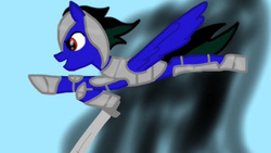 Size: 540x304 | Tagged: safe, artist:cloudspark, oc, oc only, oc:psycho, armor, flying, solo, sword