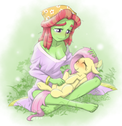 Size: 1080x1120 | Tagged: safe, artist:ta-na, fluttershy, tree hugger, human, pegasus, pony, equestria girls, g4, make new friends but keep discord, barefoot, belly, bellyrubs, blushing, cleavage, clothes, cute, dress, ear flick, equestria girls-ified, eyes closed, feet, female, floppy ears, flutterpet, grass, hand on belly, head rub, holding a pony, huggerbetes, human on pony petting, on back, pet, petting, shyabetes, sitting, smiling, weapons-grade cute