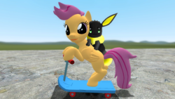 Size: 1366x768 | Tagged: safe, artist:brickfromhatena, artist:h0rnycorn, scootaloo, oc, oc:bumper, g4, 3d, :p, bipedal leaning, cute, gmod, looking at you, non-mlp oc, smiling, tongue out