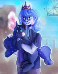 Size: 1400x1800 | Tagged: safe, artist:arfaise, princess luna, human, g4, amusement park, clothes, cotton candy, eared humanization, female, humanized, plushie, pony coloring, solo