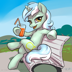 Size: 1500x1500 | Tagged: safe, artist:kp-shadowsquirrel, lyra heartstrings, pony, unicorn, g4, armpits, bench, drink, female, horn, looking at you, mare, open mouth, sitting lyra, solo, straw