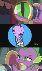 Size: 356x600 | Tagged: safe, edit, edited screencap, screencap, spike, twilight sparkle, dragon, g4, princess spike, balloon, big butt skinner, butt, comic, huge butt, impossibly large butt, large butt, male, meme, reference, screencap comic, telescope, the simpsons, twibutt, weather balloon