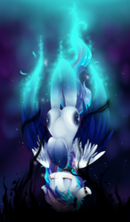 Size: 700x1200 | Tagged: safe, artist:loyaldis, oc, oc only, pegasus, pony, blue background, both cutie marks, bubble, crepuscular rays, crying, darkness, eyes closed, falling, feather, flowing tail, glowing, ocean, sad, simple background, solo, sparkles, sunlight, tail, underwater, water, wings