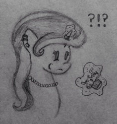 Size: 2448x2590 | Tagged: safe, artist:coffee mixer, oc, oc only, pony, unicorn, worm, applebuck season, g4, season 1, baked bads, ear piercing, exclamation point, glowing horn, high res, horn, interrobang, magic, monochrome, muffin, necklace, piercing, question mark, solo, telekinesis, traditional art