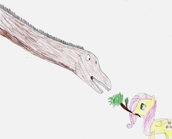 Size: 900x726 | Tagged: safe, artist:wesdaaman, fluttershy, dinosaur, g4, adventure, dinosaurs, feeding, herbivore, mokele mbembe, traditional art