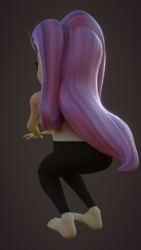 Size: 1024x1820 | Tagged: safe, artist:thebronymarines, fluttershy, equestria girls, g4, 3d, 3d model, barefoot, breasts, clothes, feet, female, pants, rear view, sideboob, squatting, sweatpants, topless
