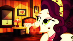 Size: 2560x1440 | Tagged: safe, artist:cloudshadezer0, artist:mastertrevor, artist:silverfacade, edit, cherry jubilee, pony, g4, bed, bedroom eyes, dresser, female, guest room, lamp, mare, painting, show accurate, vector, wallpaper, wallpaper edit, warm, window