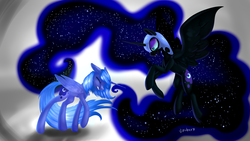 Size: 7117x4000 | Tagged: safe, artist:vincher, nightmare moon, princess luna, alicorn, pony, lullaby for a princess, g4, duality, duo, s1 luna