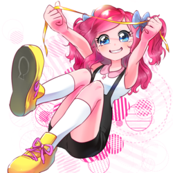 Size: 1100x1100 | Tagged: safe, artist:quizia, pinkie pie, equestria girls, g4, armpits, clothes, cute, diapinkes, female, quizia is trying to murder us, shoes, shorts, socks, solo, suspenders, underfoot