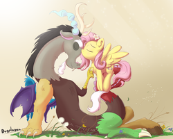 Size: 5000x4000 | Tagged: safe, artist:bugplayer, discord, fluttershy, draconequus, pegasus, pony, g4, cute, discute, eyes closed, female, flower in hair, fluffy, kissing, male, mare, ship:discoshy, shipping, shyabetes, straight