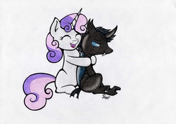 Size: 1024x725 | Tagged: safe, artist:spirit-dude, kevin, sweetie belle, changeling, g4, slice of life (episode), cute, diasweetes, female, filly, foal, hug, simple background, smiling, traditional art, white background