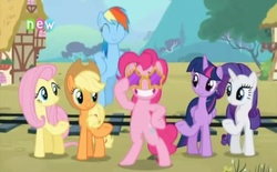 Size: 1144x710 | Tagged: safe, screencap, applejack, fluttershy, pinkie pie, rainbow dash, rarity, twilight sparkle, alicorn, pony, g4, party pooped, female, glasses, mane six, railroad, sunglasses, twilight sparkle (alicorn)