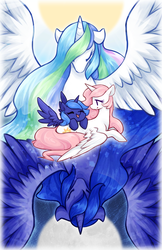 Size: 660x1020 | Tagged: safe, artist:mousu, princess celestia, princess luna, g4, eyes closed, filly, spread wings, woona, younger