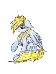 Size: 1568x2064 | Tagged: safe, artist:schizoidtomii, artist:tomiipl, derpy hooves, pegasus, pony, g4, background pony, female, floppy ears, i just don't know what went wrong, mare, raised hoof, sad, simple background, sitting, solo, traditional art