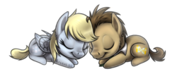 Size: 610x255 | Tagged: safe, artist:arceus55, derpy hooves, doctor whooves, time turner, earth pony, pony, g4, chibi, eyes closed, female, male, prone, ship:doctorderpy, shipping, simple background, smiling, stallion, straight, transparent background