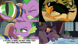 Size: 894x504 | Tagged: safe, spike, twilight sparkle, alicorn, pony, g4, princess spike, bed, looney tunes, meme, mynah bird, sleeping, twilight sparkle (alicorn)