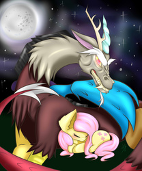 Size: 5000x6000 | Tagged: safe, artist:gamervamp, discord, fluttershy, draconequus, pegasus, pony, g4, absurd resolution, eyes closed, female, glowing eyes, growling, male, moon, night, prone, protecting, ship:discoshy, shipping, sleeping, straight, yanderecord