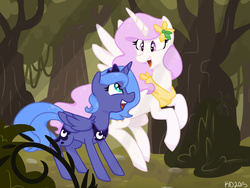 Size: 1024x768 | Tagged: dead source, safe, artist:keldeodurp, princess celestia, princess luna, g4, cewestia, cute, filly, flower in hair, forest, pink-mane celestia, s1 luna, sisters, woona, younger