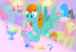 Size: 1600x1111 | Tagged: safe, artist:arfaise, fluttershy, oc, oc:fernblossom, oc:levyafan, g4, candy, ice cream, milkshake, milkshake bar