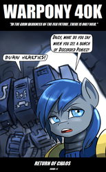 Size: 1182x1920 | Tagged: safe, artist:mod-of-chaos, daisy, flower wishes, oc, oc:naked steel, g4, armor, ask-thewarpony, crossover, dreadnought, powered exoskeleton, space marine, speech bubble, tumblr, ultramarine, warhammer (game), warhammer 40k