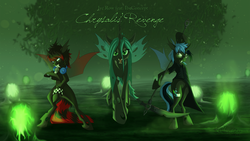 Size: 1024x576 | Tagged: safe, artist:hecatehell, queen chrysalis, changeling, g4, clothes, coat, headphones, microphone, scythe, song cover