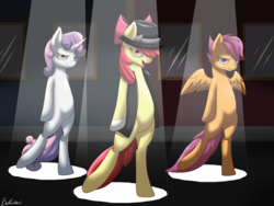 Size: 4000x3000 | Tagged: safe, artist:dreamyartcosplay, apple bloom, scootaloo, sweetie belle, g4, beat it, bipedal, clothes, cutie mark crusaders, michael jackson, spotlight
