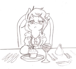 Size: 851x774 | Tagged: safe, artist:i am nude, derpy hooves, pegasus, pony, g4, alcohol, clothes, cupcake, cutlery, dress, fancy, female, food, mare, monochrome, sketch, solo, table, traditional art, wine