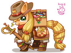 Size: 900x675 | Tagged: safe, artist:kongyi, applejack, g4, boots, clothes, female, saddle bag, solo, sword