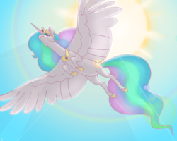 Size: 1000x800 | Tagged: safe, artist:janegumball, princess celestia, alicorn, pony, g4, backlighting, belly, crepuscular rays, female, flying, large wings, low angle, majestic, mare, sky, solo, spread wings, sun, wings