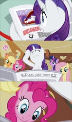 Size: 854x1440 | Tagged: safe, screencap, applejack, fluttershy, pinkie pie, rarity, twilight sparkle, g4, ponyville confidential, cute, drama queen, fainting couch, marshmelodrama, newspaper, out of context, sugarcube corner, varying degrees of want, zoomed in