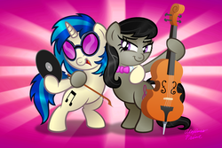 Size: 1023x682 | Tagged: safe, artist:aleximusprime, dj pon-3, octavia melody, vinyl scratch, g4, cello, musical instrument