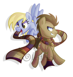 Size: 2348x2492 | Tagged: safe, artist:drawntildawn, derpy hooves, doctor whooves, time turner, earth pony, pony, g4, clothes, cute, fourth doctor's scarf, high res, male, scarf, stallion, striped scarf, watermark