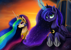 Size: 2400x1700 | Tagged: safe, artist:das_leben, princess celestia, princess luna, g4, dusk, magic, night, sisters, stars, sunset, twilight (astronomy)