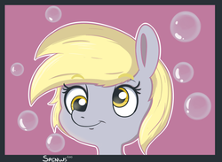 Size: 1280x939 | Tagged: safe, artist:spenws, derpy hooves, pegasus, pony, g4, bubble, female, mare, smiling, solo