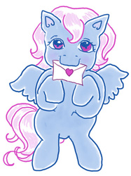 Size: 425x568 | Tagged: safe, artist:kaikaku, wind whistler, pegasus, pony, g1, adorable face, adoracute, cute, diabetes, envelope, female, heart, letter, love letter, mail, mare, mouth hold, solo, weapons-grade cute, whistlerbetes