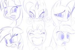 Size: 1000x666 | Tagged: safe, artist:[redacted], applejack, fluttershy, pinkie pie, rainbow dash, rarity, twilight sparkle, g4, expressions, mane six, monochrome, sketch