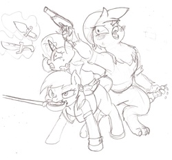 Size: 1024x951 | Tagged: safe, artist:i am nude, gilda, rainbow dash, rarity, griffon, g4, gun, knife, monochrome, mouth hold, pirate, sketch, sword, traditional art