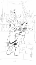 Size: 720x1280 | Tagged: safe, artist:trickydick, applejack, pinkie pie, twilight sparkle, g4, cannon, gun, monochrome, pirate, sketch, sword