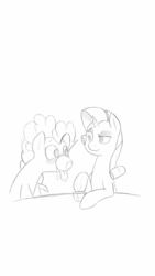 Size: 720x1280 | Tagged: safe, artist:trickydick, pinkie pie, rarity, g4, female, horse problems, lesbian, monochrome, ship:raripie, shipping, sketch, tea, teacup, tongue out