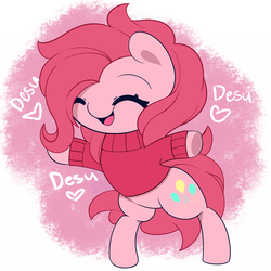 Size: 1000x1000 | Tagged: safe, artist:joyfulinsanity, pinkie pie, earth pony, pony, g4, bipedal, clothes, cute, desu, diapinkes, female, heart, mare, pink, solo, sweater