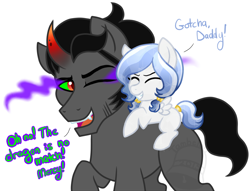 Size: 900x689 | Tagged: safe, artist:tambelon, king sombra, oc, oc:lapis lazuli, crystal pony, pegasus, pony, g4, canon x oc, daddy sombra, father and daughter, filly, foal, lightly watermarked, offspring, parent:king sombra, parent:oc:opalescent pearl, parents:canon x oc, simple background, watermark, white background