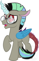 Size: 446x700 | Tagged: dead source, safe, artist:tambelon, oc, oc only, oc:paradox crisis, hybrid, glasses, interspecies offspring, offspring, parent:discord, parent:princess celestia, parents:dislestia, simple background, solo, transparent background, watermark