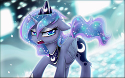 Size: 5320x3351 | Tagged: safe, artist:magnaluna, princess luna, alicorn, pony, g4, abstract background, crown, crying, ethereal mane, female, filly, jewelry, mare, open mouth, regalia, solo, starry mane, woona
