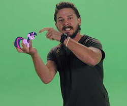 Size: 600x500 | Tagged: safe, edit, twilight sparkle, human, pony, g4, floppy ears, holding a pony, irl, irl human, just do it, photo, pointing, shia labeouf, unamused