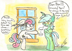 Size: 1222x862 | Tagged: safe, artist:lima-hibiki, bon bon, lyra heartstrings, sweetie drops, pony, unicorn, g4, slice of life (episode), belly button, bon butt, butt, episode 100, female, konami, lesbian, metal gear, plot, secret agent sweetie drops, ship:lyrabon, shipping, solid snake, traditional art, watercolor painting