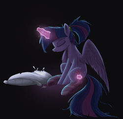 Size: 2000x1940 | Tagged: safe, artist:ncmares, twilight sparkle, alicorn, pony, ask majesty incarnate, g4, clothes, eyes closed, female, magic, mare, pillow, ponytail, socks, solo, striped socks, telekinesis, twilight sparkle (alicorn)