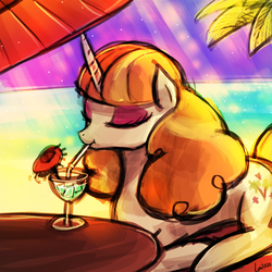 Size: 750x750 | Tagged: safe, artist:lumineko, tropical dream, pony, g4, princess spike, 30 minute art challenge, :t, alcohol, beach, drink, drinking, eyes closed, glass, palm tree, prone, smiling, solo, straw, umbrella